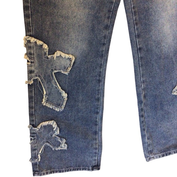 Romwe Women’s Jeans Size Small (4) High Waisted Wide Leg Distressed Cross Patch - Picture 3 of 8